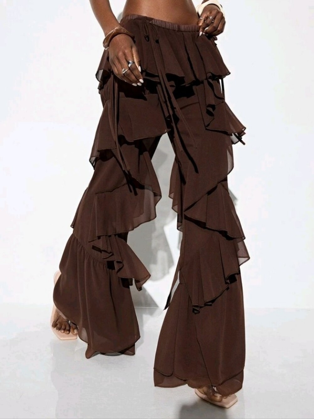 Summer Coffee Chiffon Low-Waisted Elastic Waist Bow Tie Design Pants